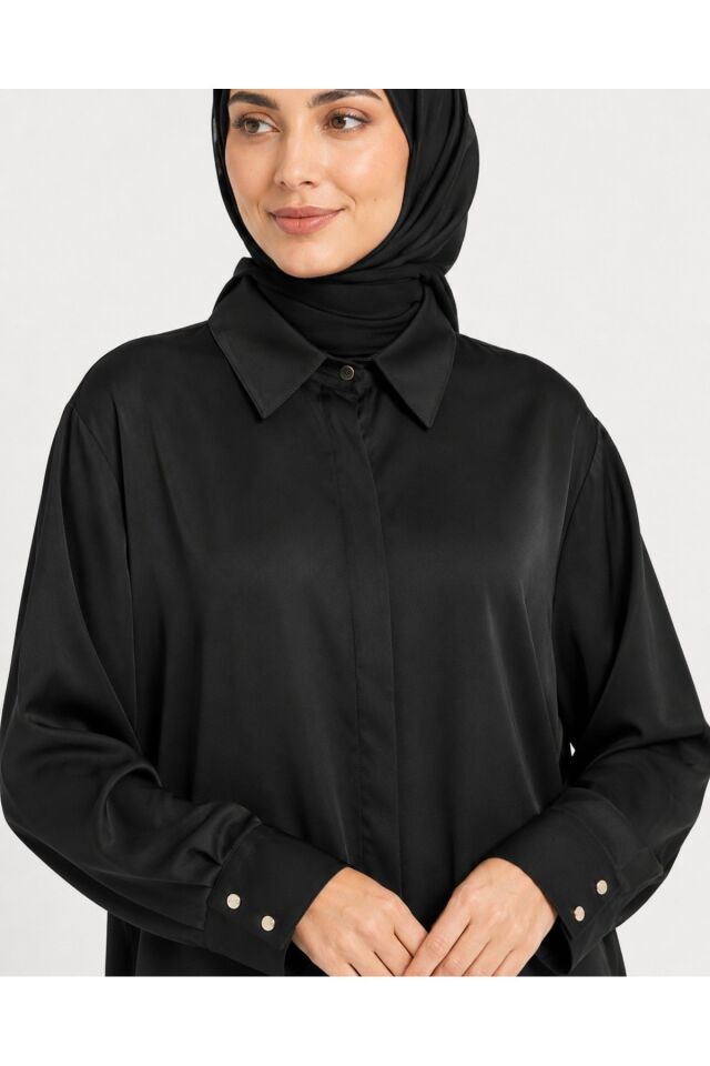 SETRMS Kadın 2627304 Gömlek Yaka Düğmeli Tunik Pantolon İkili Takım XL - Siyah