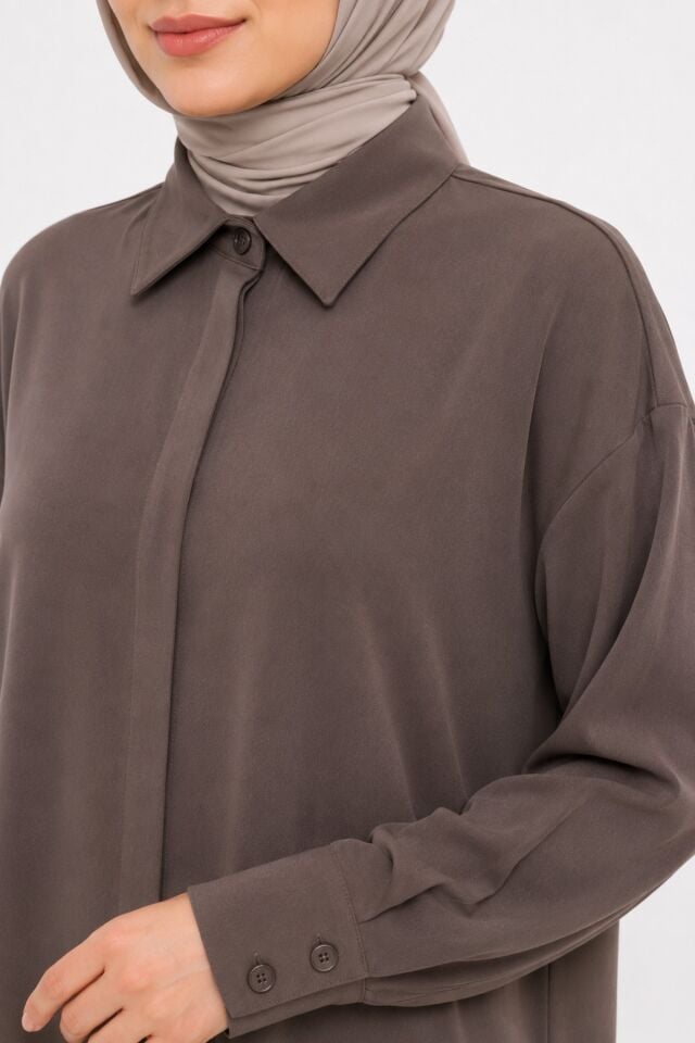 Kadın Gaze Gömlek Yaka Manşet Detaylı Uzun Tunik 40 - Kahverengi